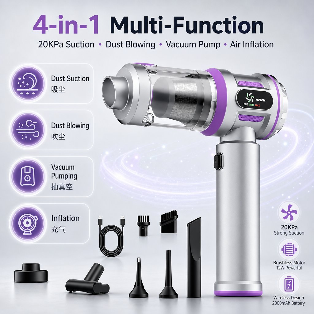 4-in-1 car vacuum cleaner — suction, blowing, vacuum pumping, inflation